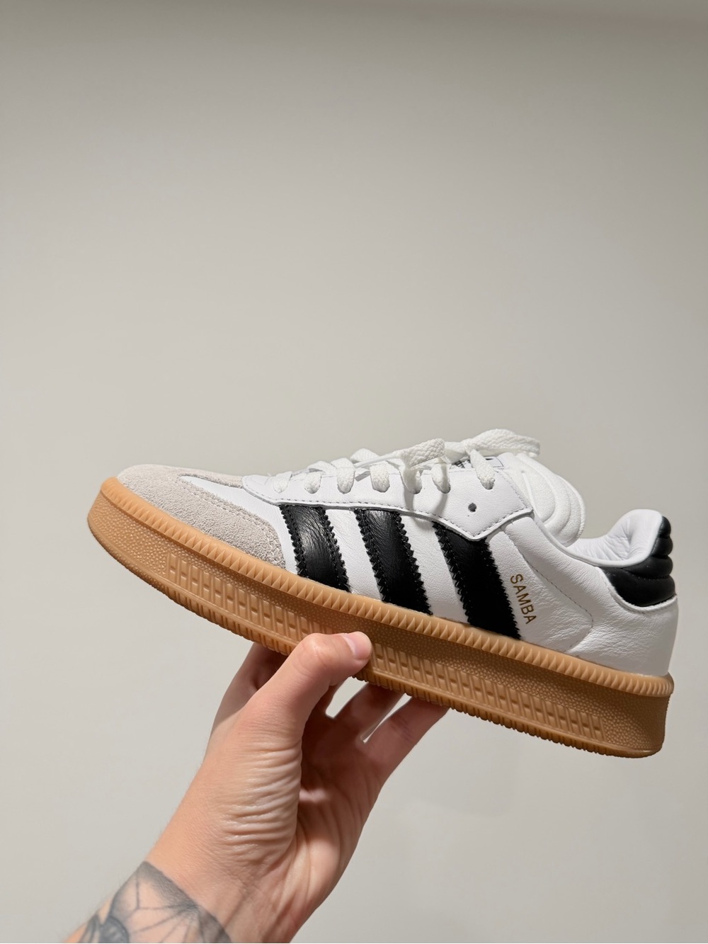 Adidas Womens Samba White with Black Stripes and Gum Sole